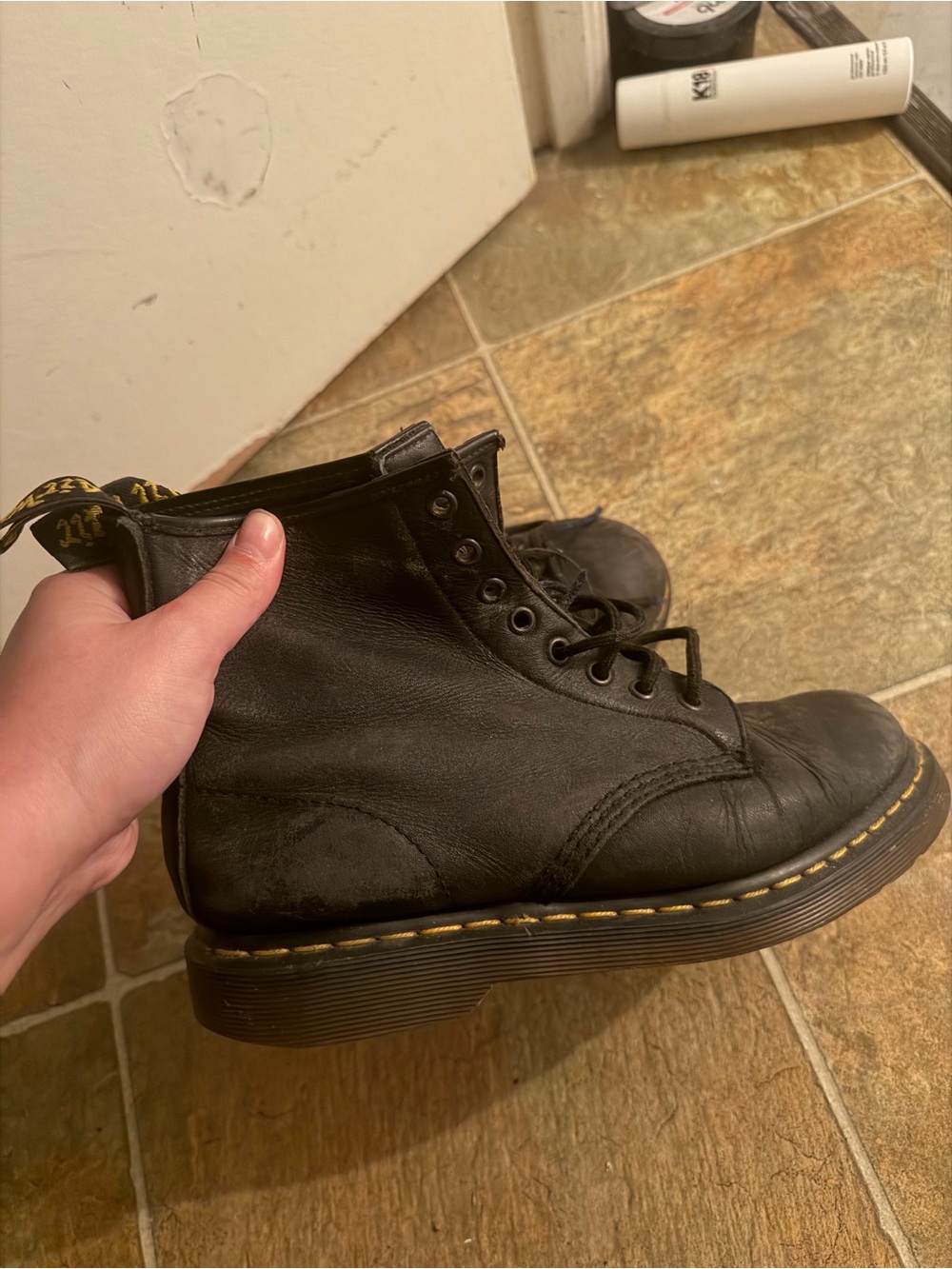 Dr. Martens Black Leather Combat Boots with Yellow Stitching Detail